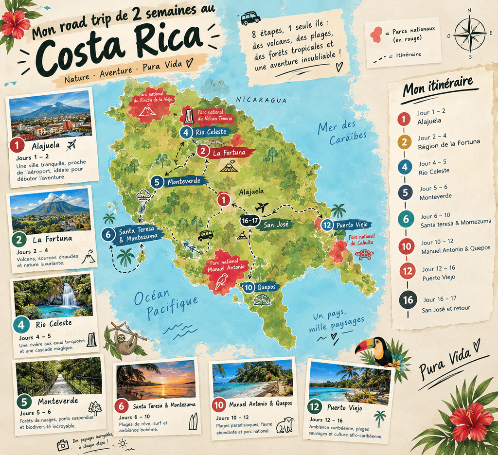 carte costa rica itinéraire 2 semaines