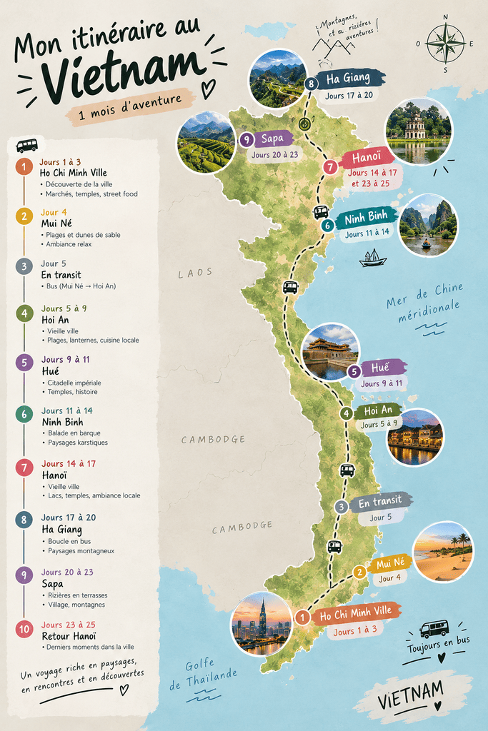 carte itinéraire vietnam 1 mois
